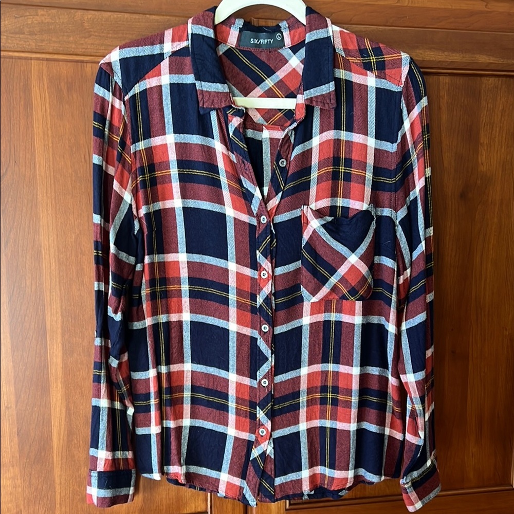 Red and Blue Plaid Button Down Shirt with Notched Collar and Long Sleeves